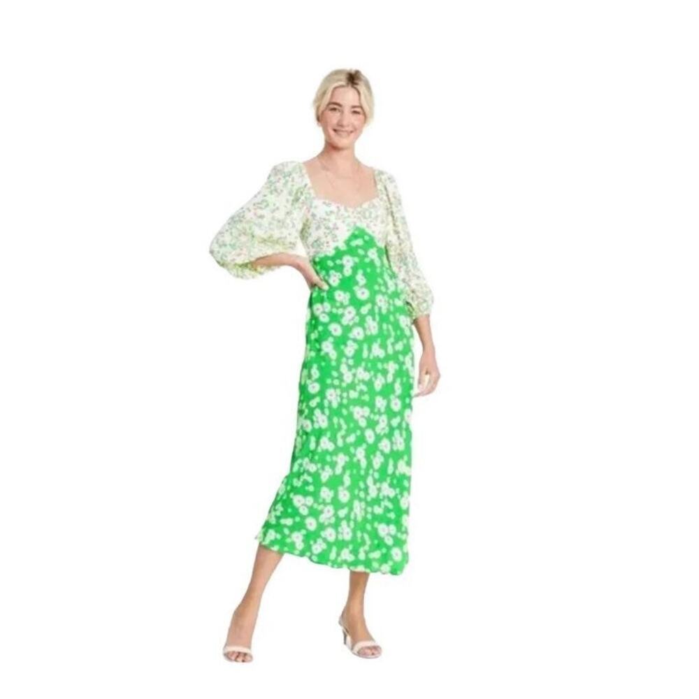 Rixo White/Green Daisy Floral Size 28W-30W Midi Length Puffed 3/4 sleeve Dress